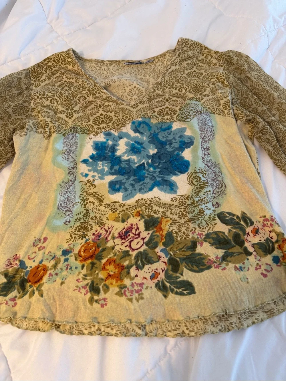 Y2k vintage boho hippie fairycore 3/4 sleeve green floral mesh flowy top - Picture 3 of 9